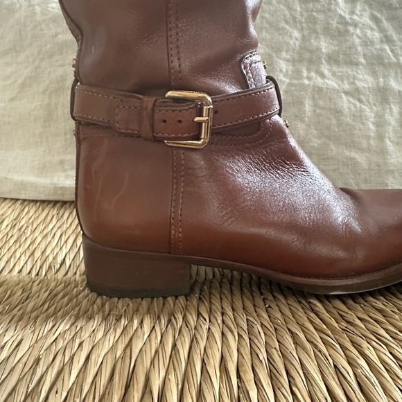 Tory Burch Chestnut Brown Leather Knee Boots with Gold Logo - Picture 11 of 11